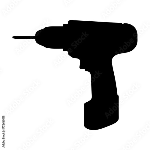 Black silhouette of a cordless power drill on a white background