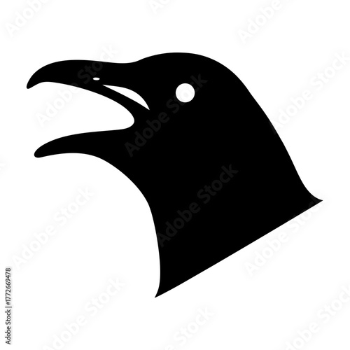 Stylized raven head in black silhouette with an open beak design