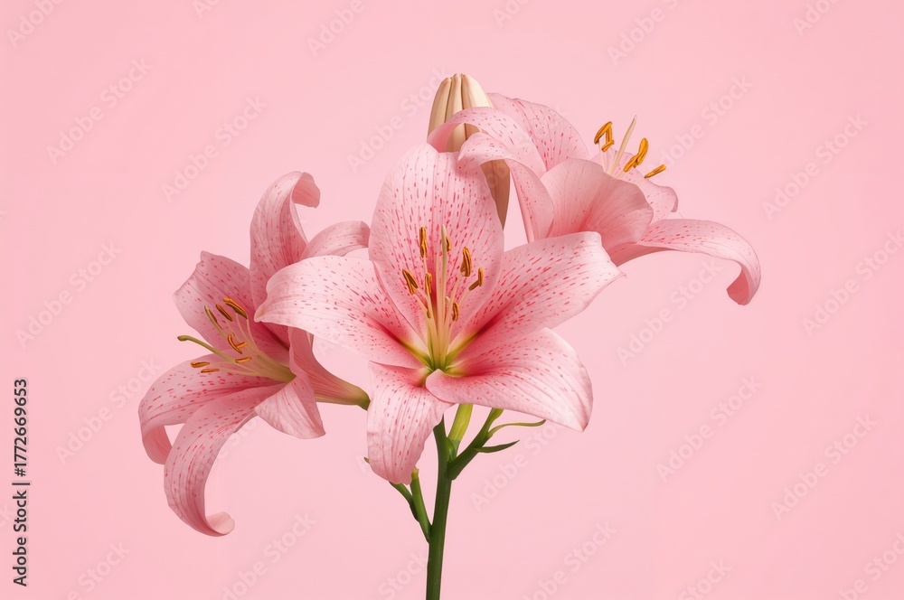 Obraz premium Three Pink Lily Blooms on a White Background