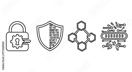 Digital security icons featuring padlock shield network nodes and broken password field symbols vector