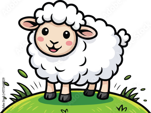 Sheep cute cartoon standing animal on grass hand drawing vector illustration, sheep, cartoon, animal, lamb, farm, animals, agriculture, character, isolated, drawing, vector.