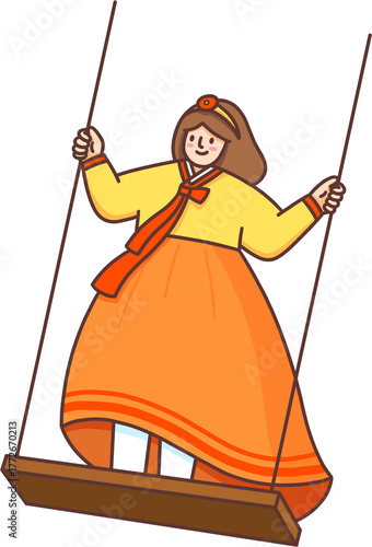 Korean Hanbok Woman on Swing / 한복 그네타는 여자 일러스트