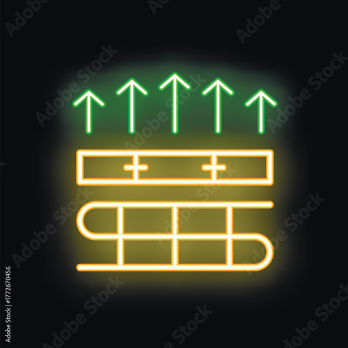 Glowing neon icon depicting breathable textile or membrane, showing its structure allowing air particles to pass through