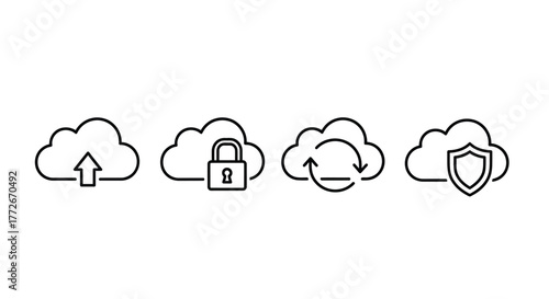 Set of cloud computing icons representing upload lock refresh and security concepts vector