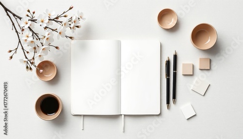 Serene flat lay with open blank notebook, pens, blossoms, small ceramic bowls, and minimalist square blocks on white textured surface
