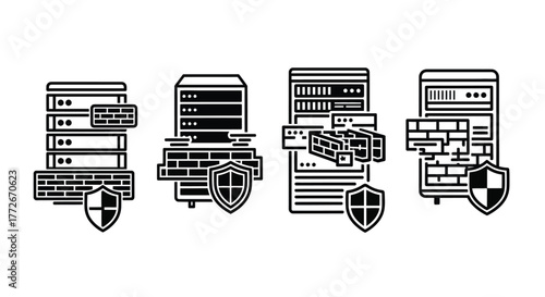 Digital network server security icons representing data protection and cybersecurity concepts vector