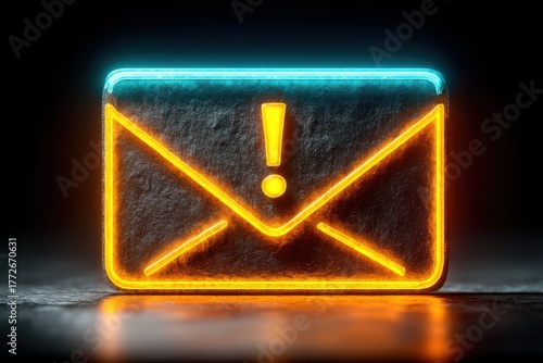 Neon orange envelope icon with warning exclamation mark, glowing notification symbol for urgent email