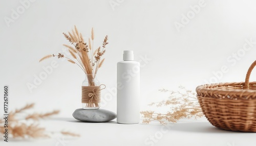 Minimalist arrangement showcasing a white bottle, delicate dried grasses, a woven basket, and a smooth stone on a clean white surface