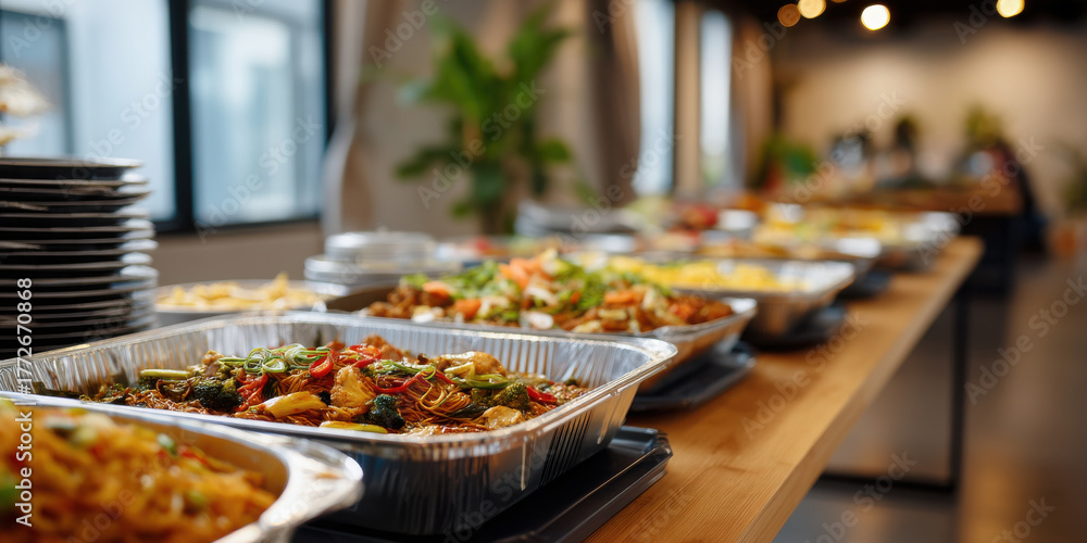 Fototapeta premium Fresh buffet catering setup with trays of Asian noodle and vegetable dishes served long wooden table, warm inviting atmosphere and cozy event vibe