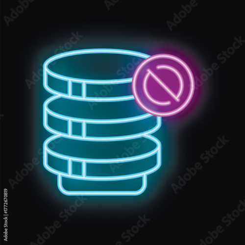 Glowing neon icon of a database disconnecting, symbolizing data loss and cyber threats