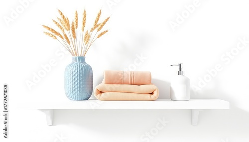 Spa serenity Delicate wheat sprays in a textured vase, soft towels, and liquid soap dispenser adorn a white shelf