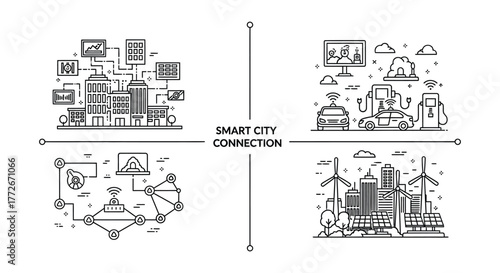 Smart city connection concept with ai automation and sustainable energy solutions represented by icons vector