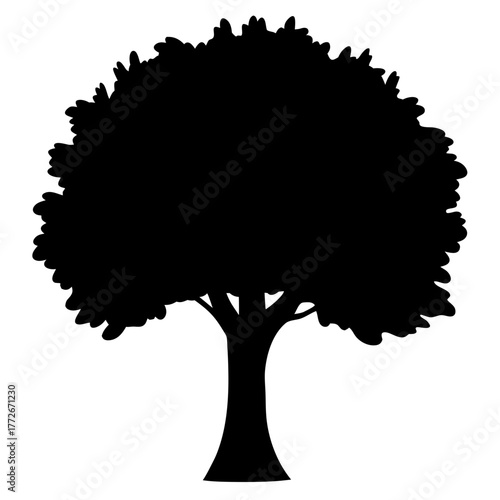 Isolated black tree silhouette vector art with bushy crown on white background