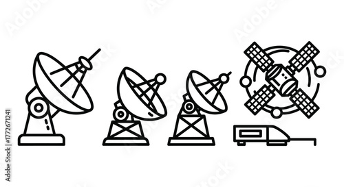 Satellite dishes and spacecraft collection for communication and technology concepts vector