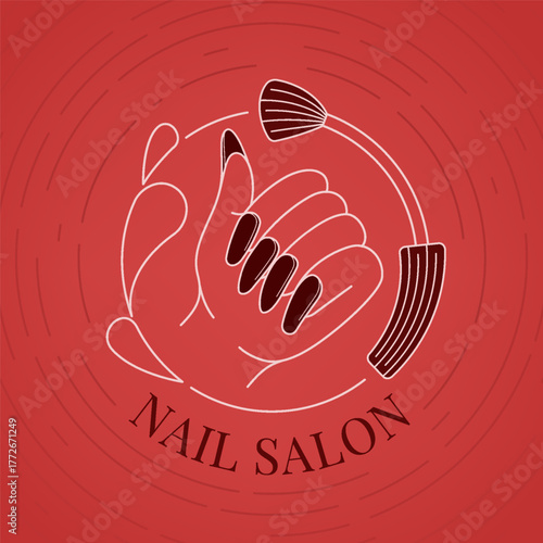 Simple line modern nail studio logo concept with polish bottle and hand line design