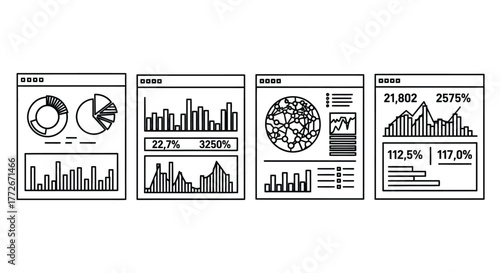Collection of business analytics dashboards showing financial charts and graphs data visualization concepts vector