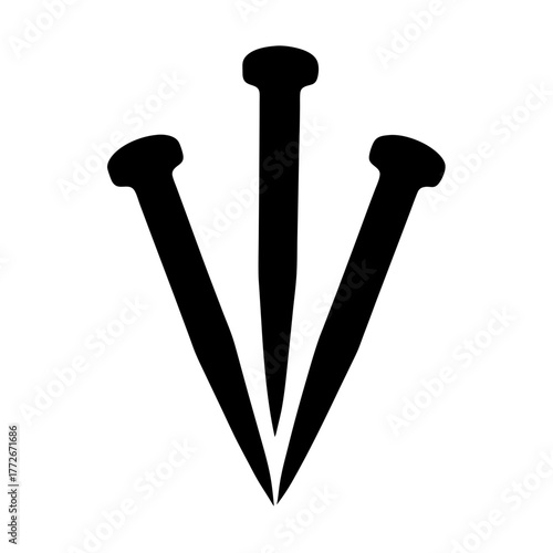 Three Black Nails Converging to a Point, Isolated on White Background