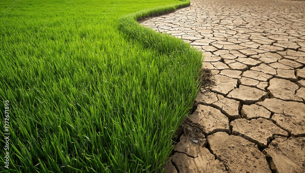Obraz premium Arrow moving from lush green fields to arid land with cracked earth, symbolizing climate change or global warming.