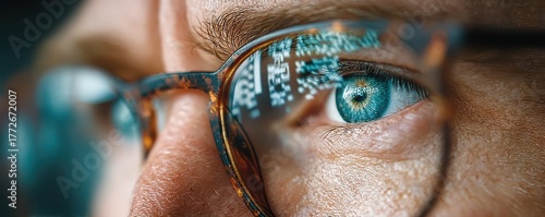 Closeup of a blue eye wearing glasses with code reflected in the lens