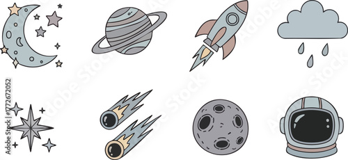 Collection of SpaceThemed Illustrations Moon Planet Rocket Cloud Star Comets Moon Surface Astronaut Helmet.