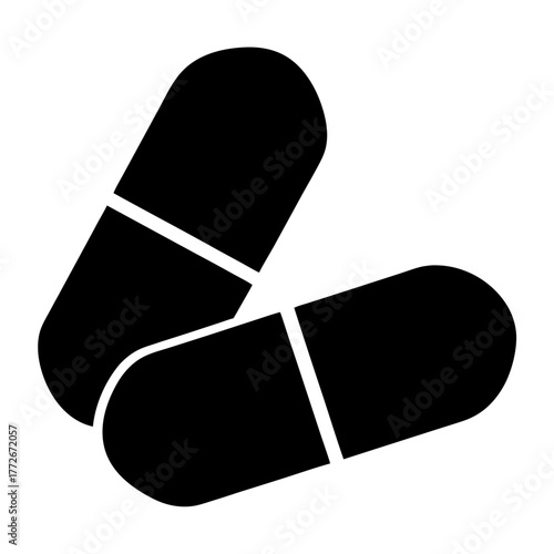 Two black capsule pills overlapping each other, representing medicine and health