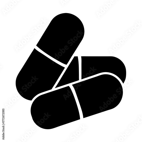 Three black pharmaceutical capsule pills representing medication and healthcare elements