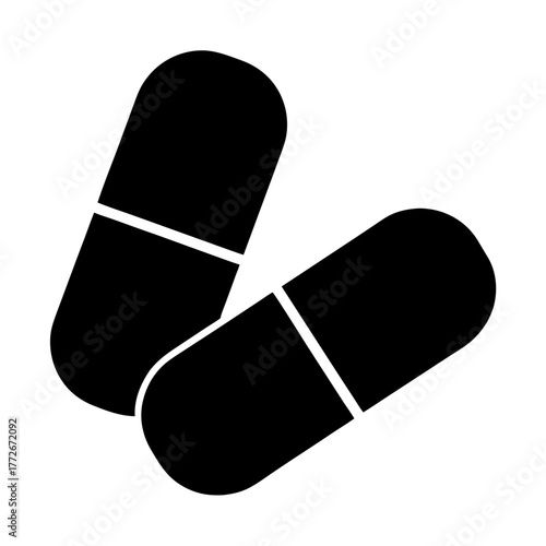 Two medication capsules in solid black offer remedy and cure concept