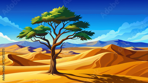 Very beautiful tall tree standing alone amid golden sand dunes in St. Anthony, Idaho, USA, under a bright blue sky, creating a striking desert and nature contrast.