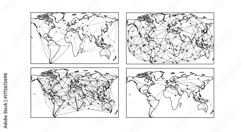 Fototapeta premium Four detailed world maps grid showing global geography with outline continents and sea borders vector