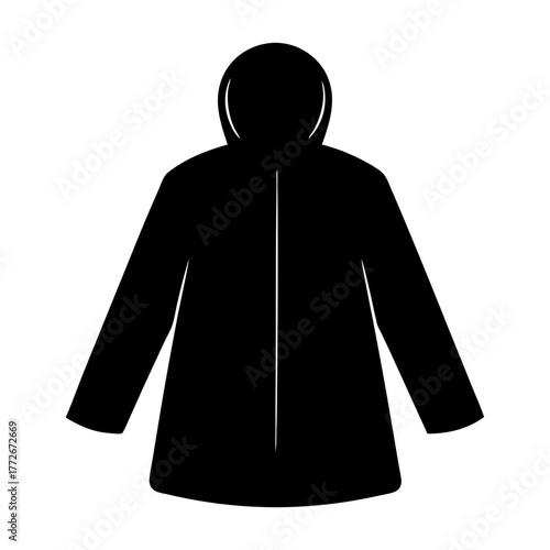 Minimalist black silhouette of a hooded raincoat for weather protection apparel