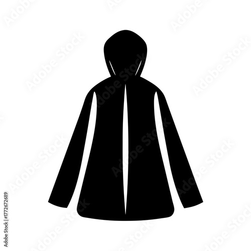 Simple black icon of a hooded cloak or rain jacket outerwear