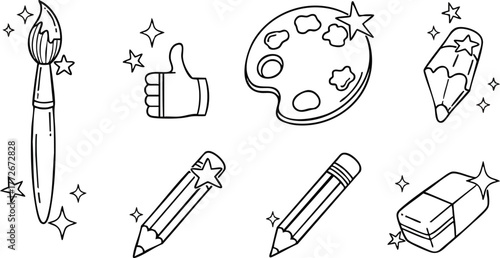 Art Supplies Doodle Collection Paintbrush Palette Pencils Eraser and Thumbs Up.