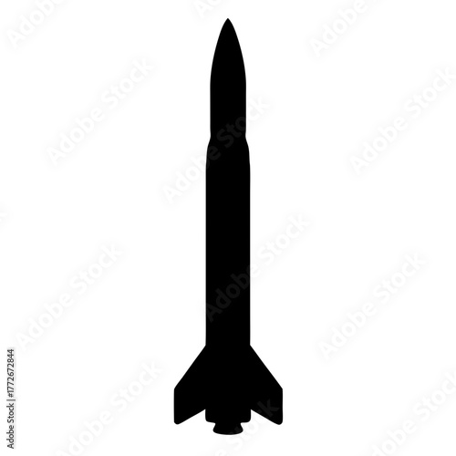 Silhouette of a sleek black missile against a crisp white background