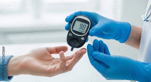 Doctor in gloves checking blood sugar with glucose meter, banner template for diabetes management health monitoring or glucose testing awareness with copyspace.
