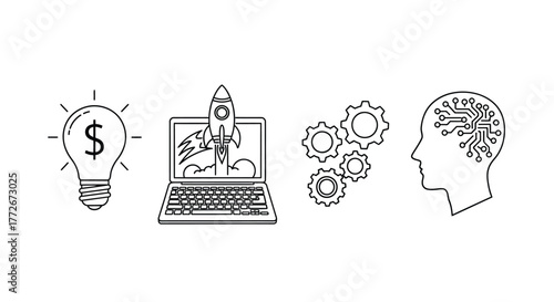 Conceptual business startup ideas innovation technology brainstorming and financial growth icons vector