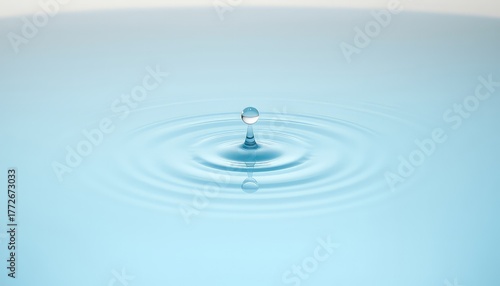 Single droplet creating ripples on a serene and calming light blue water surface, an abstract concept for purity and cleanliness