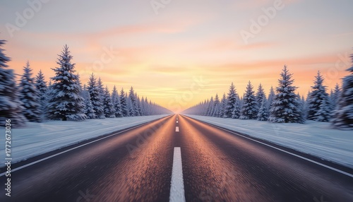 A winter road vanishes towards a distant horizon beneath a warm dawn sky, lined by snow-covered evergreen trees