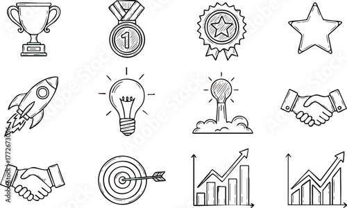 Set of Hand Drawn Business Icons for Success and Achievement.
