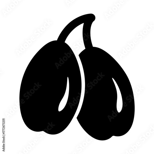 Two black plums or pluots still on their stems, graphic image