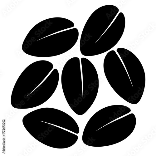 Seven stylized coffee beans arranged in a cluster over a white background