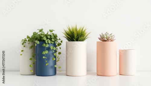Minimalist indoor plant arrangement featuring diverse greenery in stylish, colorful cylindrical containers on a clean white surface