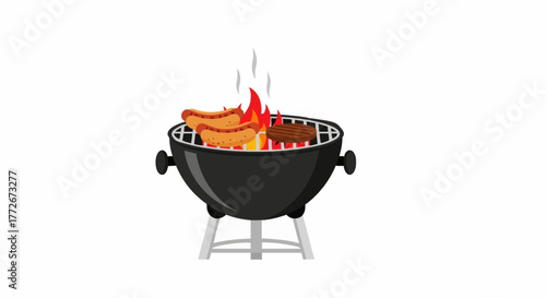 Vector illustration of a BBQ grill with sausages and steak cooking over open flames.