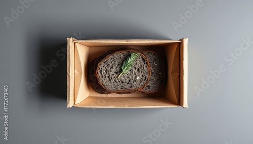 Rustic dark bread slices with rosemary sprig resting inside of an environmentally friendly, recycled paper container on a simple solid color background