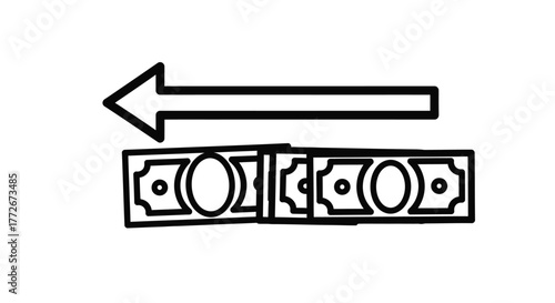 Arrow pointing left towards stacked banknotes symbolizing financial movement or expense vector