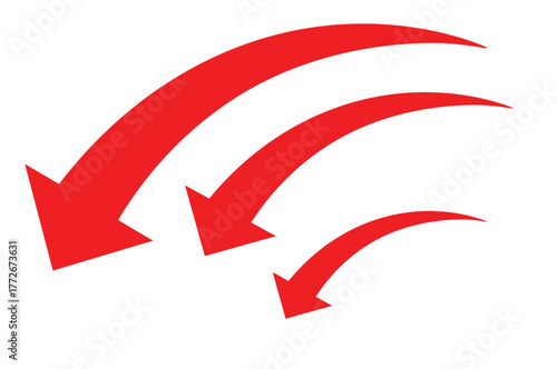 Flat red cascading downward arrows vector symbol representing decline, reduction, or download process on white background