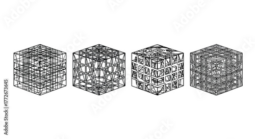 Abstract geometric cubes with intricate line art patterns four side by side composition vector