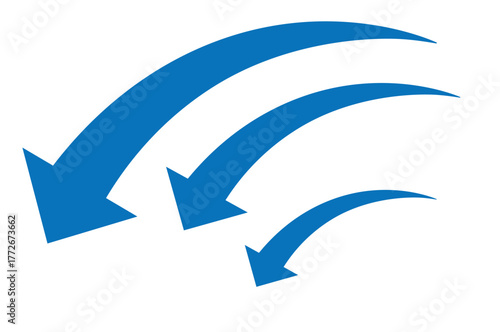 Flat blue cascading downward arrows vector symbol representing decline, reduction, or download process on white background