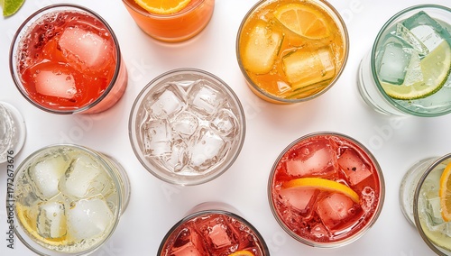 Collection of chilled beverages and mixed drinks with ice cubes in transparent glasses, overhead shot on a light surface