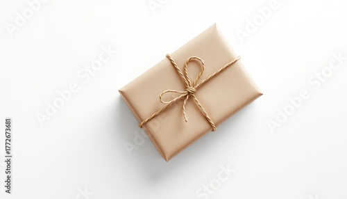 Minimalist gift presentation featuring a present wrapped in brown paper and tied with rustic twine, creating an elegant and simple aesthetic