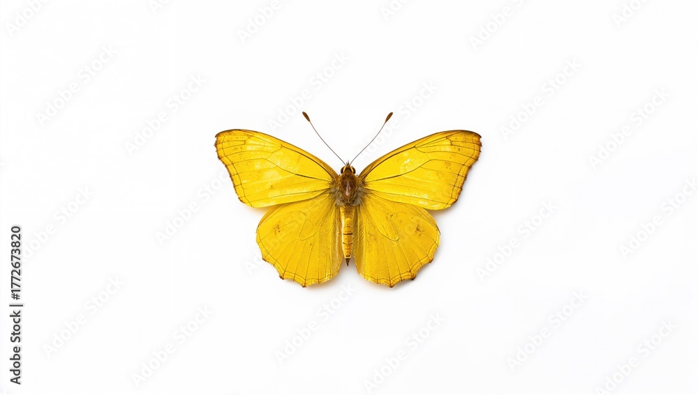 Fototapeta premium Bright yellow butterfly against a plain white backdrop